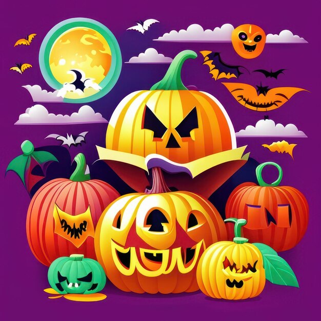 Haloween background with pumpkins witches and bats generative ai