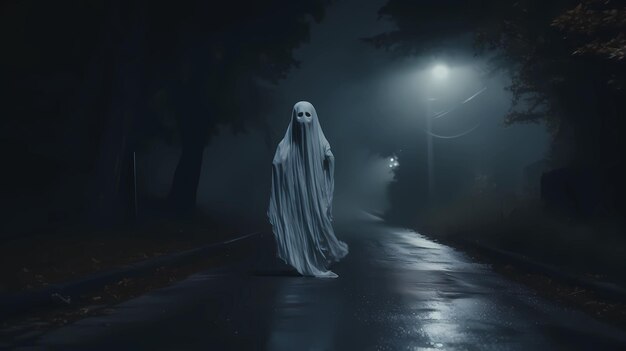 Haloween ghost on desert road at night