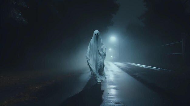 Фото Призрак хэллоуин на пустынной дороге ночью