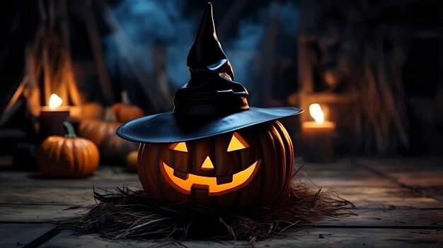 Photo a haloween pumpkin with a witch hat on a horror scene