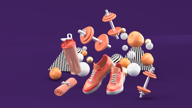 Halter, hardloopschoenen, oranje handdoek Tussen de kleurrijke ballen op de paarse. 3D render