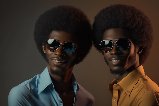 Halve lengte portret stock photography portret van twee afrohaired mannen met een zonnebril lachend in de stad Ai gegenereerde kunst