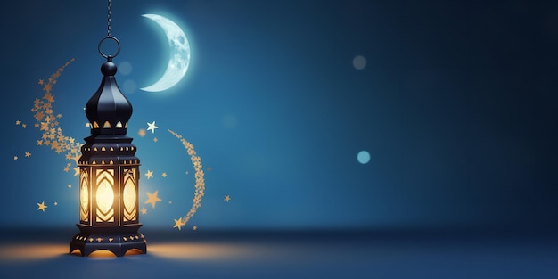 Halve maan met verlichte lantaarns Ramadan Karim achtergrondconcept Generative Ai