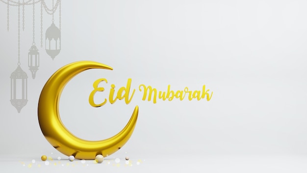 Foto halve maan symbool van de islam met eid mubarak alfabet, 3d-rendering