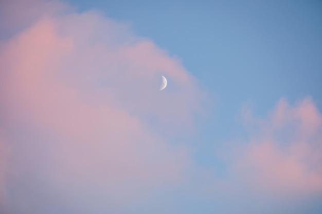 Halve maan wit op een blauwe lucht met roze wolken Jonge maan op een prachtige pastelkleurige hemel