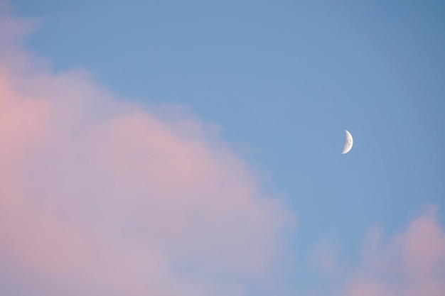 Halve maan wit op een blauwe lucht met roze wolken Jonge maan op een prachtige pastelkleurige hemel