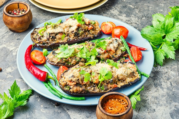 Halved baked eggplant.