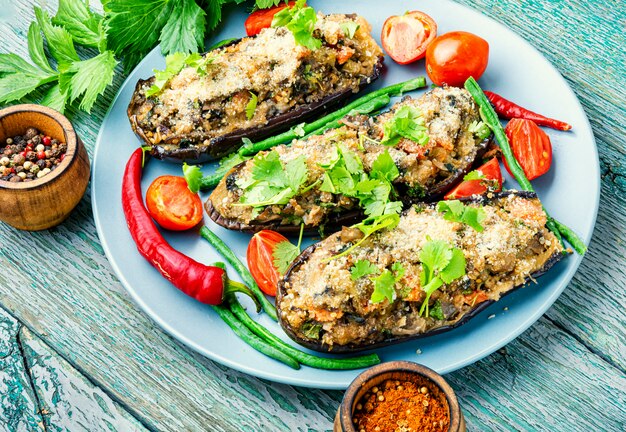 Halved baked eggplant.