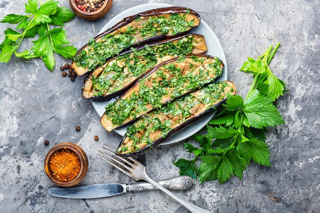 Halved baked eggplant