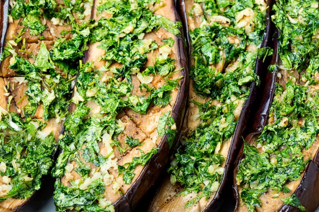 Halved baked eggplant