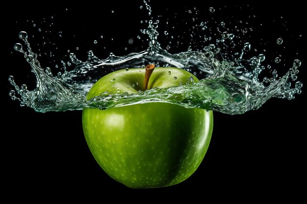 Halved green apple splashing into water