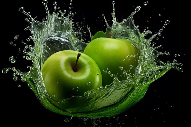 Halved green apple splashing into water