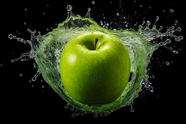 Halved green apple splashing into water