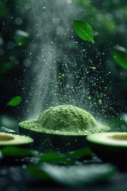 Halved green and avocado pulp on a dark background