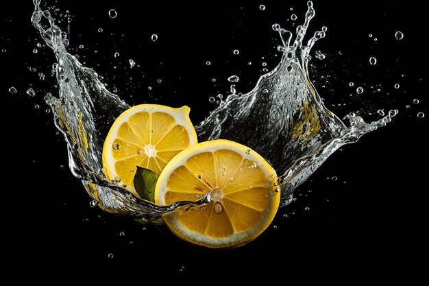 Halved lemon falling in clean water against black background