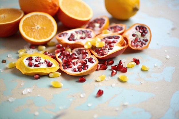 Photo halved passion fruits surrounding a pile of pomegranate seeds