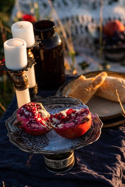 Halved pomegranate on a beautiful plate