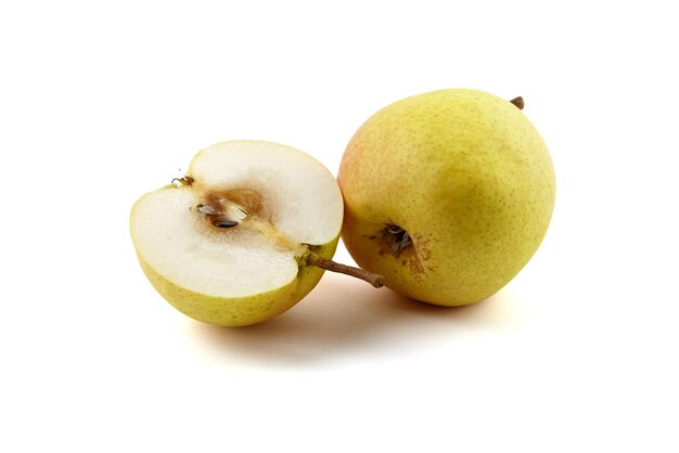 Halved ripe pear fruit isolated on white background