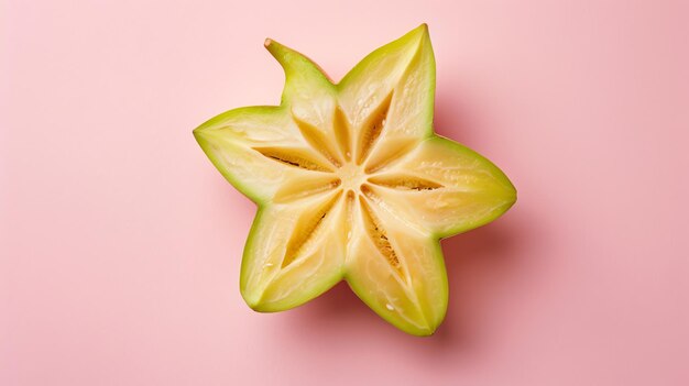 Photo a halved starfruit on a pink background the starfruit is yellow and has a green outer skin