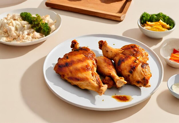 Halves of appetizing grilled juicy chicken with golden brown crust served with barbeque