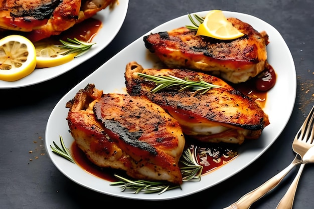 Halves of appetizing grilled juicy chicken with golden brown crust served with lemon slices