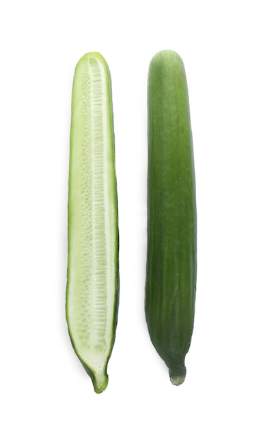 Halves of fresh ripe cucumber isolated on white top view