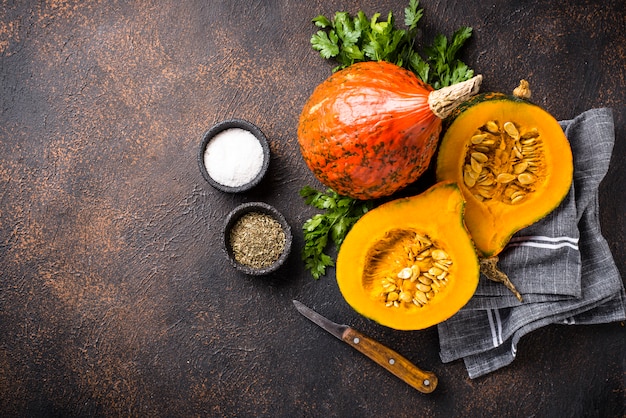 Halves of hokkaido pumpkin with spices