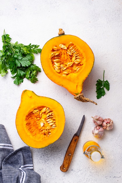 Halves of hokkaido pumpkin with spices