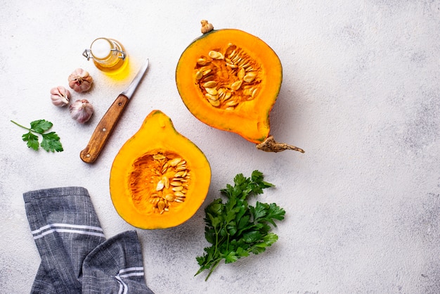 Halves of hokkaido pumpkin with spices