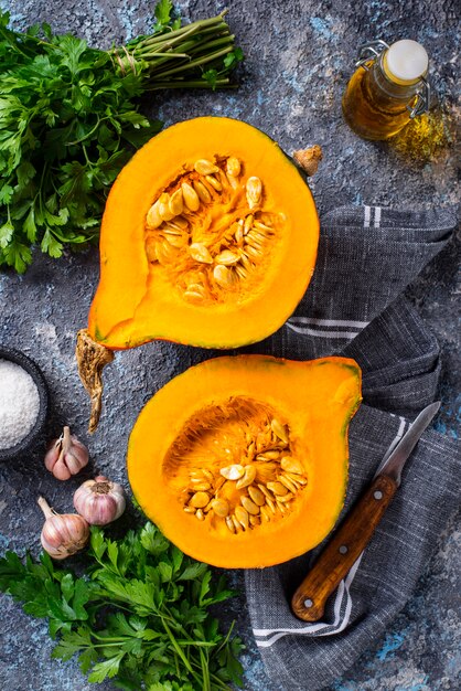 Halves of hokkaido pumpkin with spices