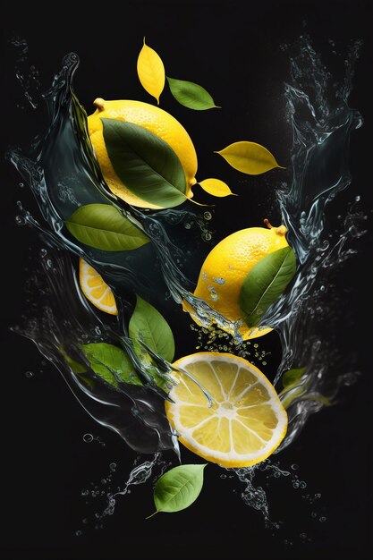 Halves of lemons and lemon leaves in splashes of water Generative AI