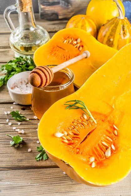 Halves of raw pumpkin butternut squash for cooking