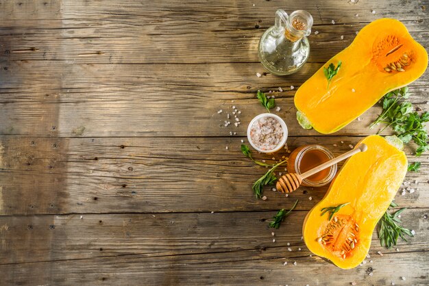 Halves of raw pumpkin butternut squash for cooking