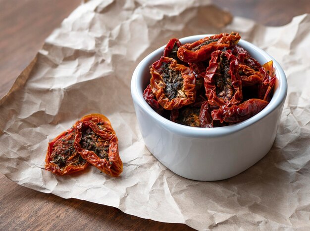 Photo halves sun-dried tomatoes in white bowl on the wooden table dehydrated tomatoes with herbs