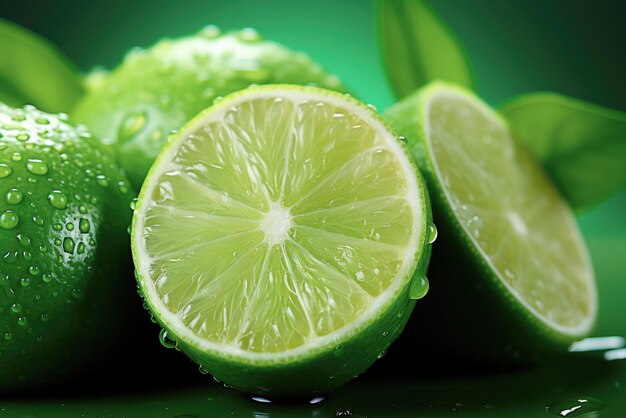 Halves and whole lime fruits closeup