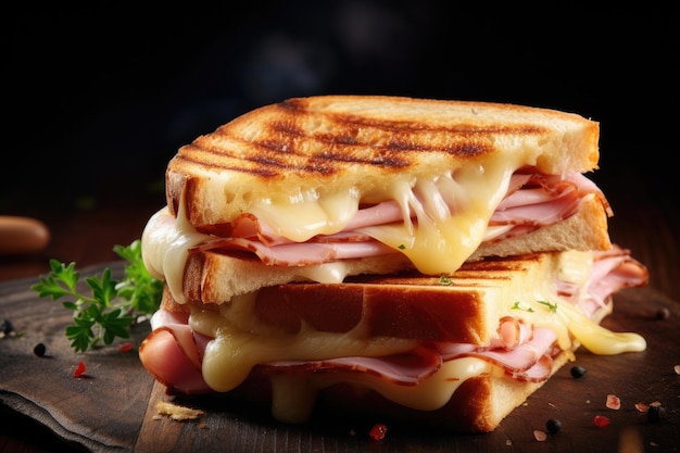 Ham and cheese sandwich Wooden background Top view Space to copy