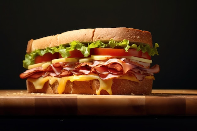 A ham and cheese sandwich on a wooden table