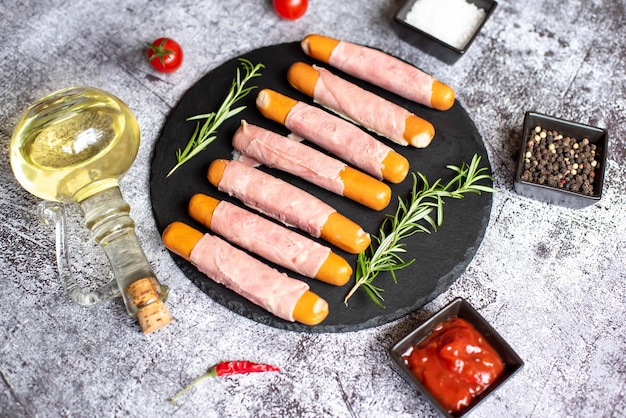 Photo ham and cheese sausages on a black plate with a sprig of red pepper.