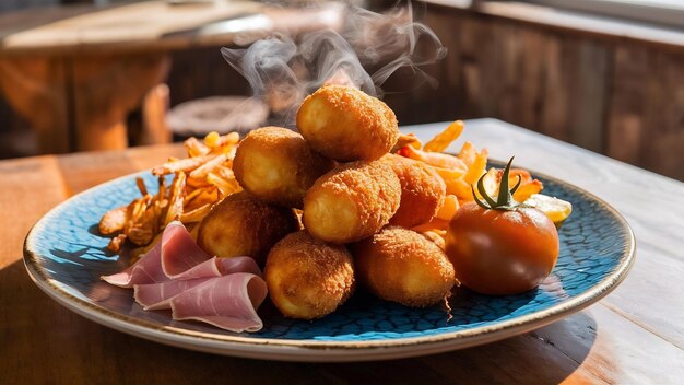 Ham and chicken croquettes with fried tomate and chips