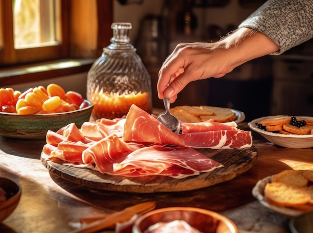 Foto uomo taglierina del prosciutto che taglia un pezzo di prosciutto