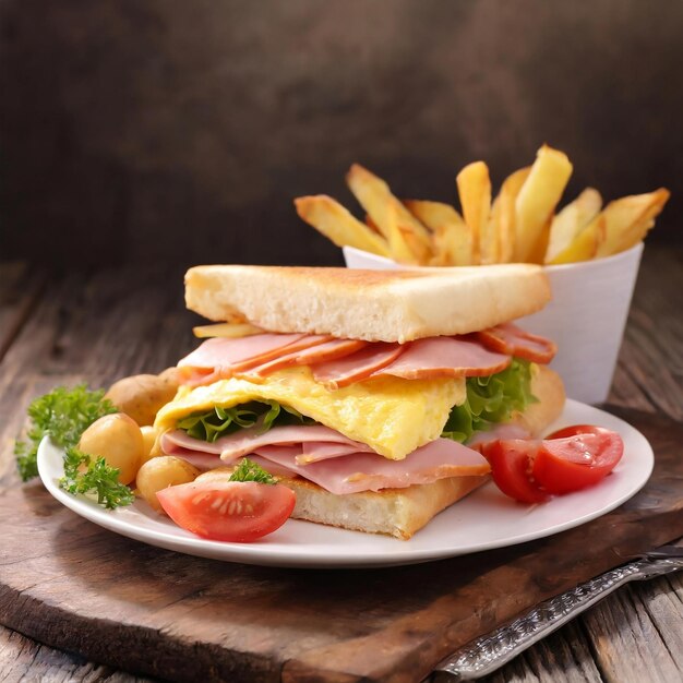 Foto panino da club con prosciutto e omelette e patate