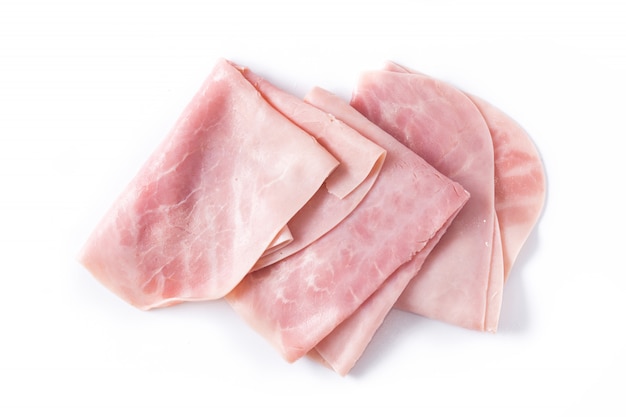 Photo ham slices isolated on white surface. top view