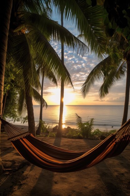 Hamaak tussen palmbomen met uitzicht op een rustig strand gemaakt met generatieve ai
