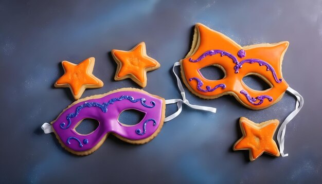 Photo hamans ears cookies noisemaker and mask for purim celebration jewish holiday carnival