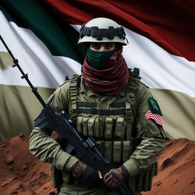 Photo hamas muslim palestine soldiers with palestine flag