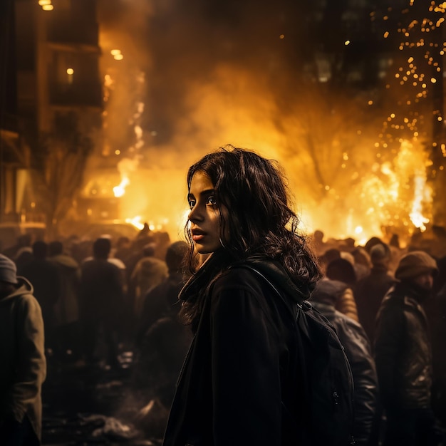 Hamburg Germany July 07 2017 Demonstrators stands in front of fire during G20 summit in