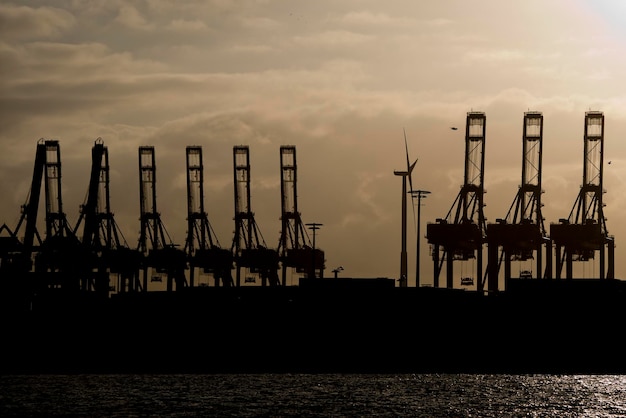 hamburg port crane silhouette at sunset