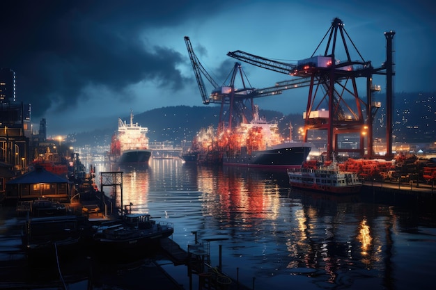 Hamburg Port cranes ships and frantic activity generative IA