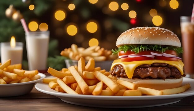 Hamburger accompanied by fries food high in fats and harmful oils