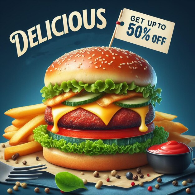 Photo hamburger ads design on blackboard background in 3d illustration